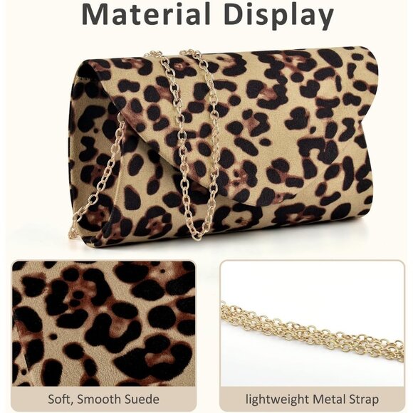 Women Suede Leopard Print with Chain Evening Bag for Wedding Cocktail Prom - Picture 3 of 7